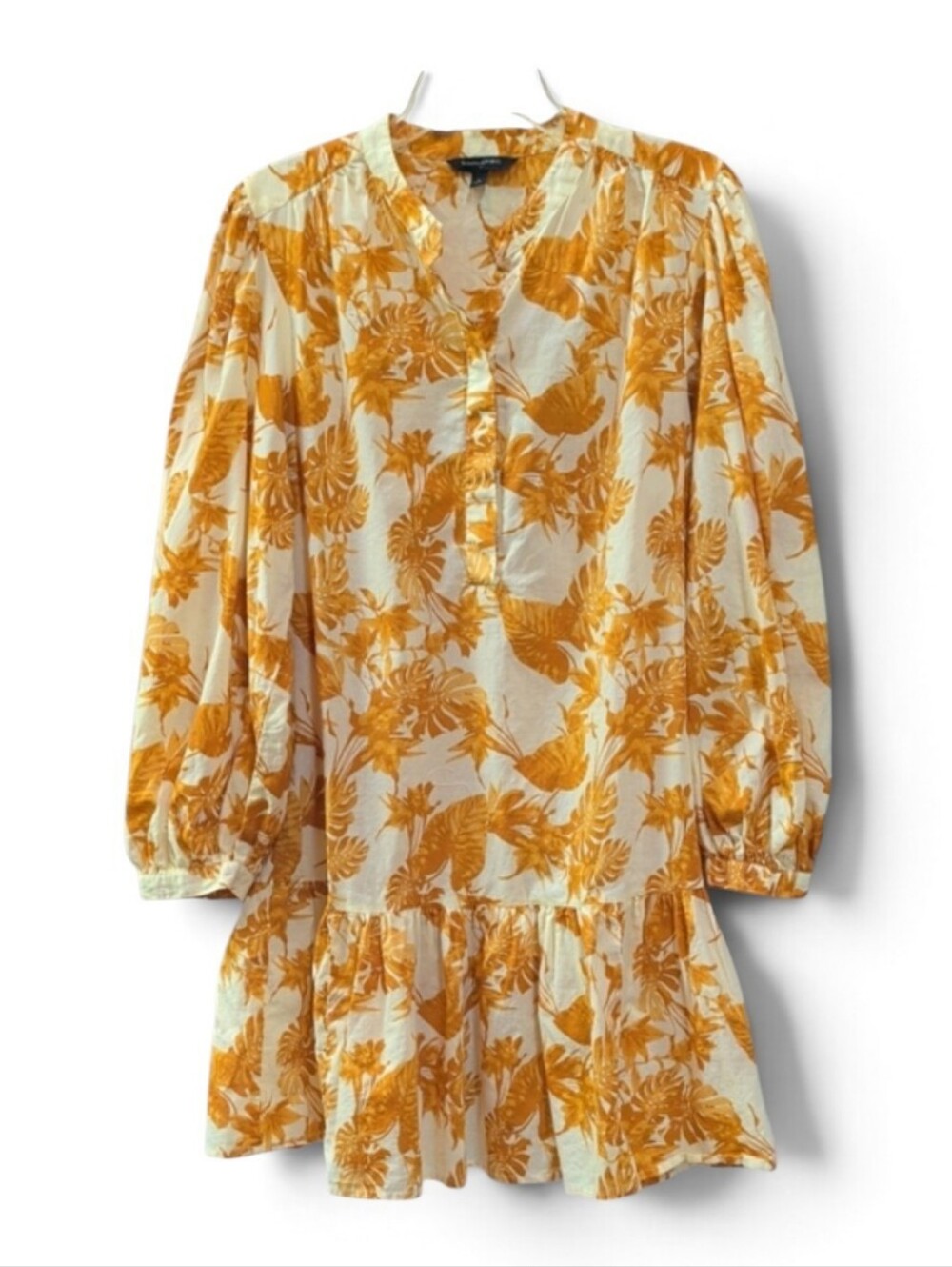 Banana Republic Yellow/Gold Palm Leaf Ruffle Dress With Bishop Sleeves Sz Large